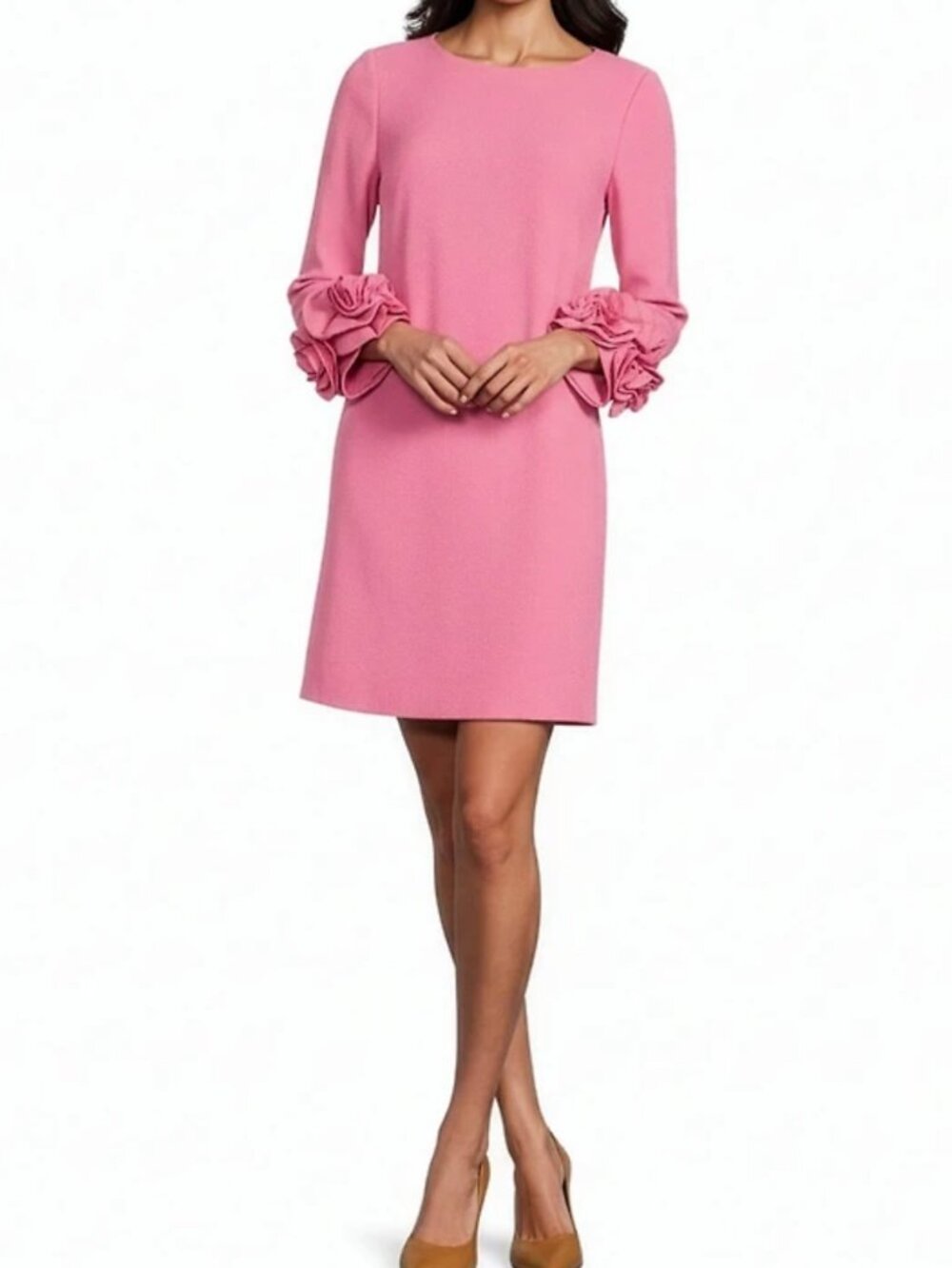 Preston & York Size 16 Cosmo Pink Crepe Shift Dress Long Sleeve Rosette Cuff NWT